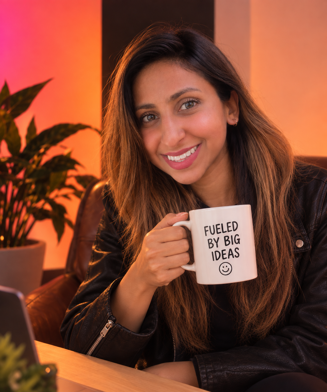 Maheen holding a mug that reads Fueled by big ideas