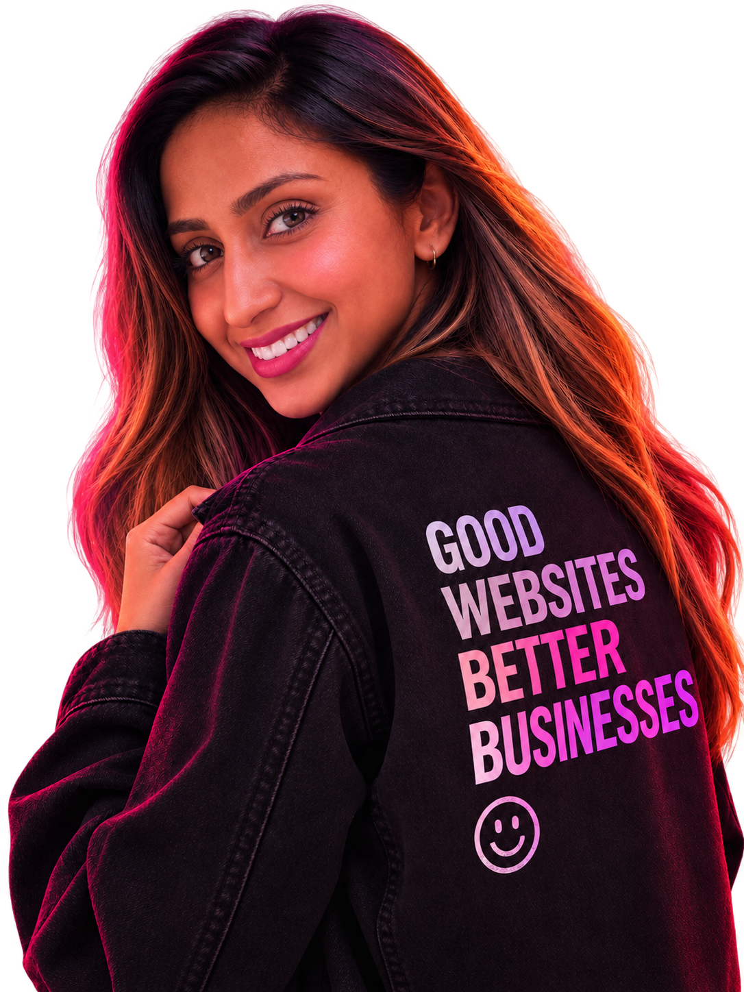 Maheen, web developer and digital strategist, smiling over her shoulder in a jacket reading Good Websites, Better Businesses